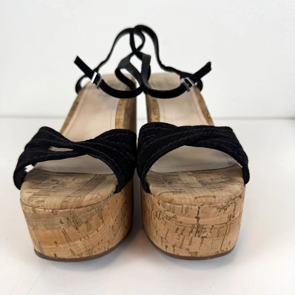 Schutz Black Suede Cork Platform Wedge Sandals Ankle Strap Womens Size 8.5